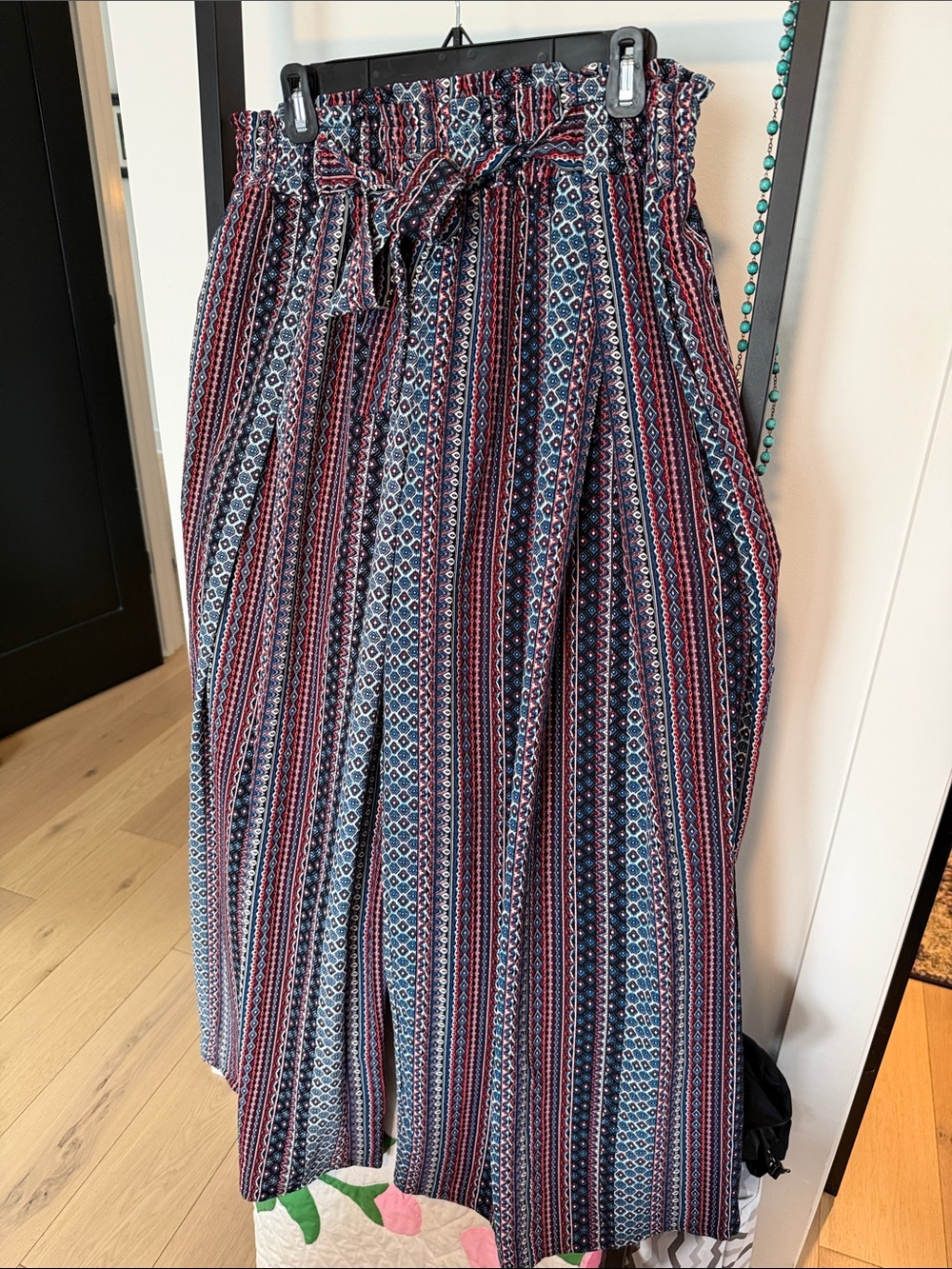 Amazon Wide-Leg Paperbag Waist Pants in Blue & Red Stripe